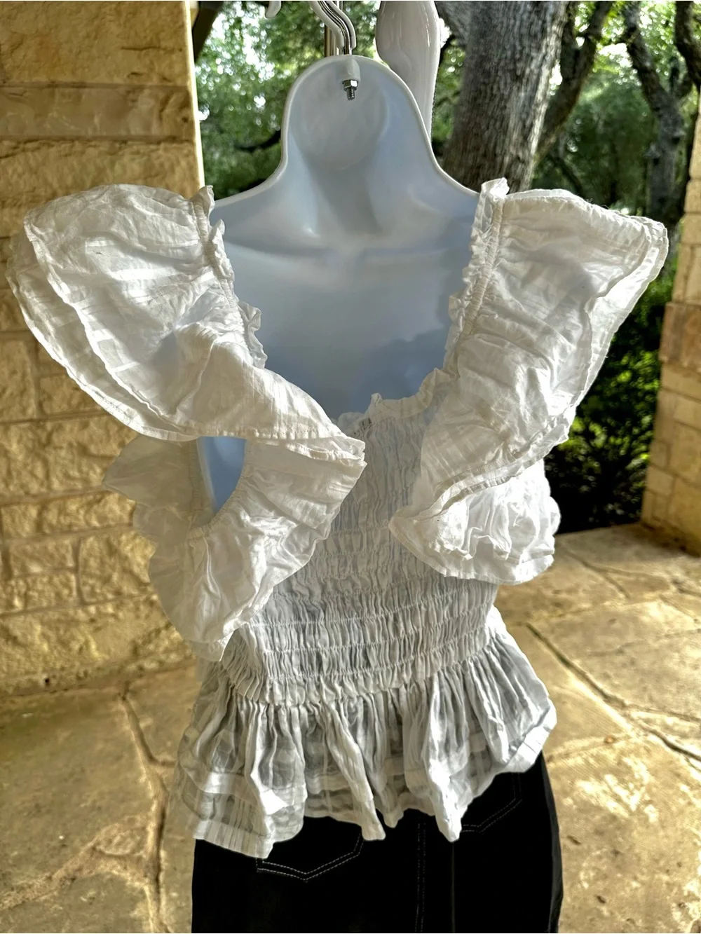 Banana Republic White Smocked Ruffle Sleeve Peplum Top